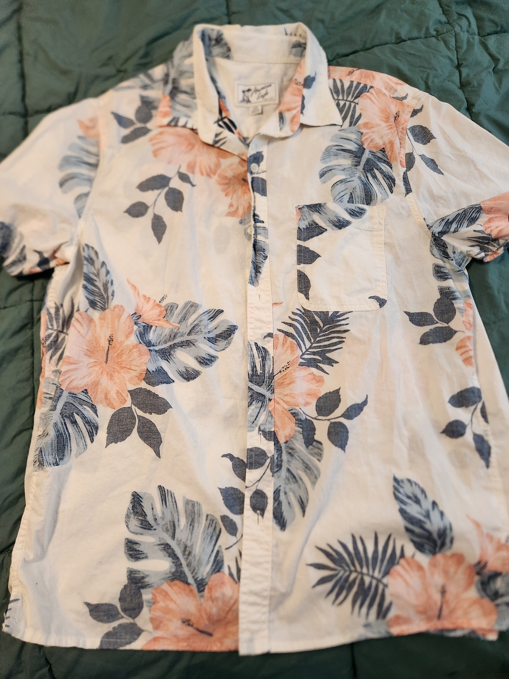 Men's Floral Short-Sleeve Button-Up Shirt - White with Peach & Navy